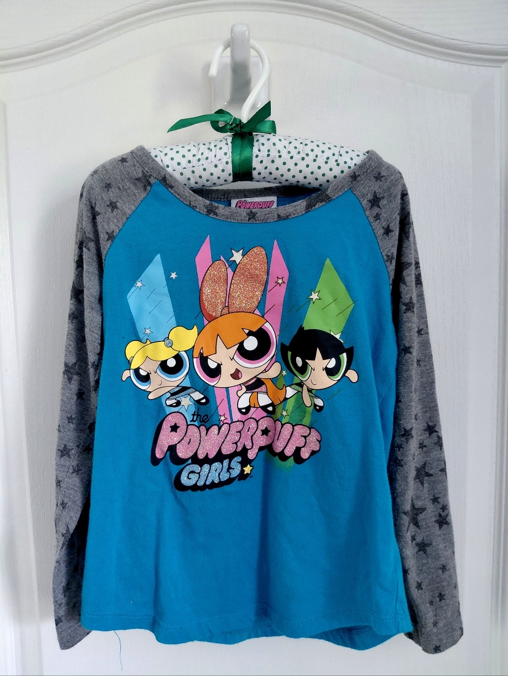 Kids Powerpuff Girls Teal Raglan Long-Sleeve Top with Gray Star Sleeves